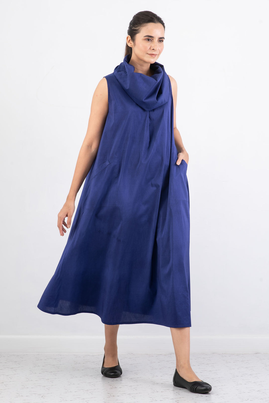 DYED COTTON SILK HEAVY VOILE WAVY COWL NECK MAXI DRESS - dh1438-blu -