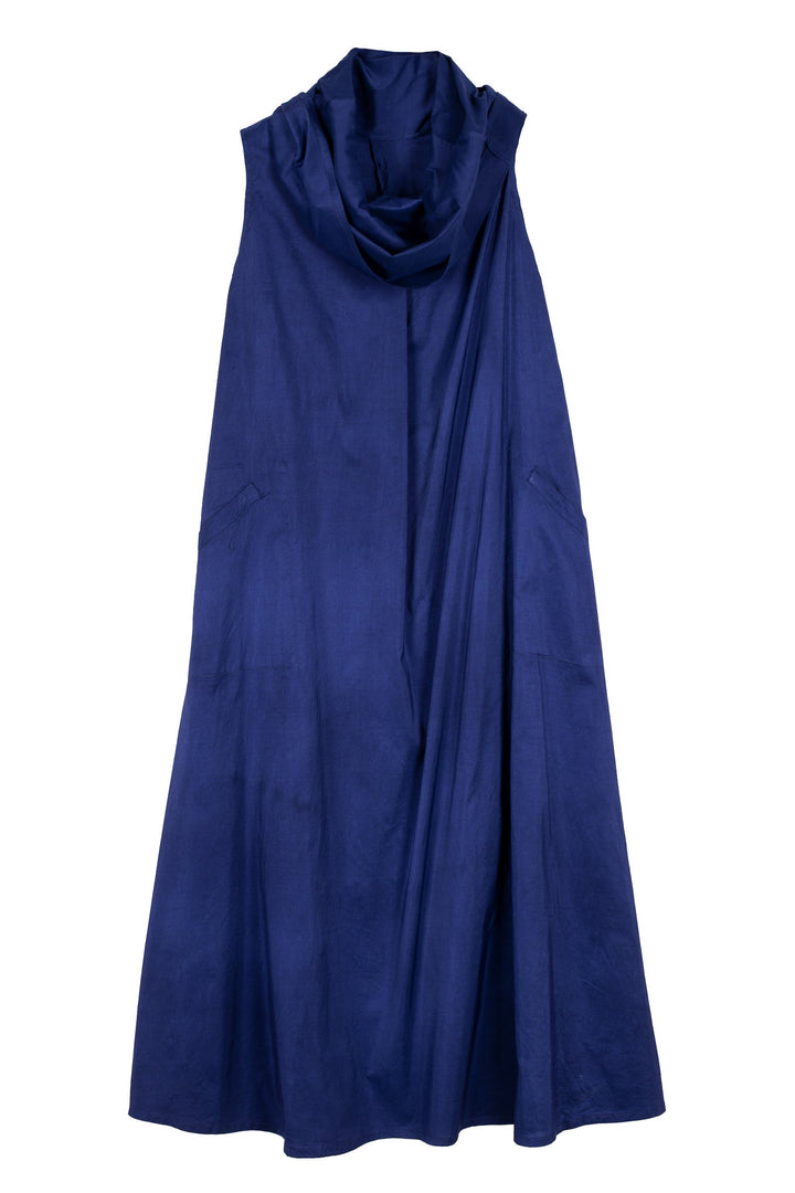 DYED COTTON SILK HEAVY VOILE WAVY COWL NECK MAXI DRESS - dh1438-blu -