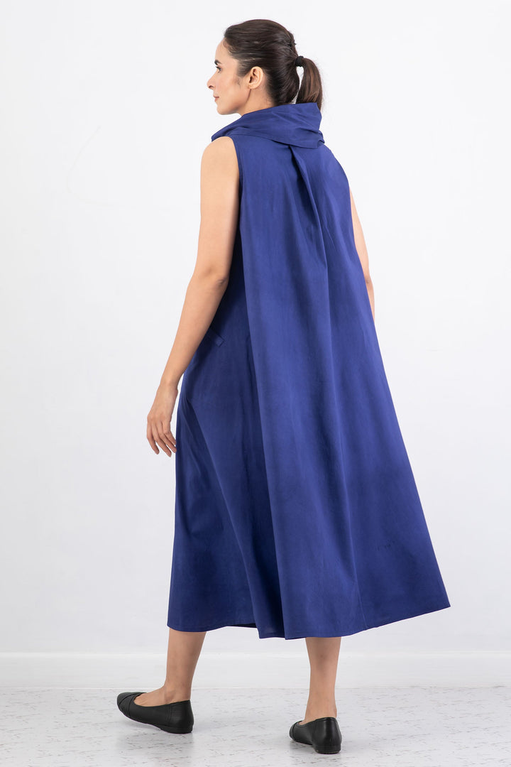 DYED COTTON SILK HEAVY VOILE WAVY COWL NECK MAXI DRESS - dh1438-blu -