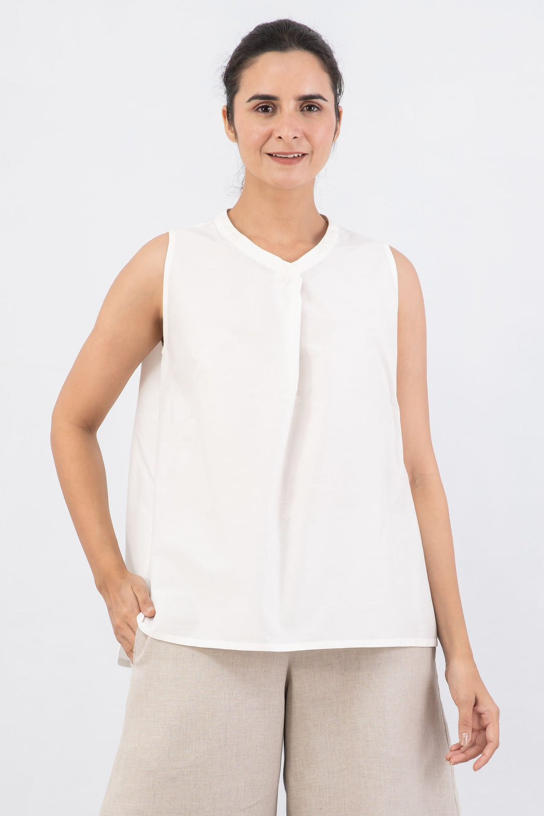 DYED COTTON SILK HEAVY VOILE WAVY BAND COLLAR SHELL TOP - dh1556-wht -