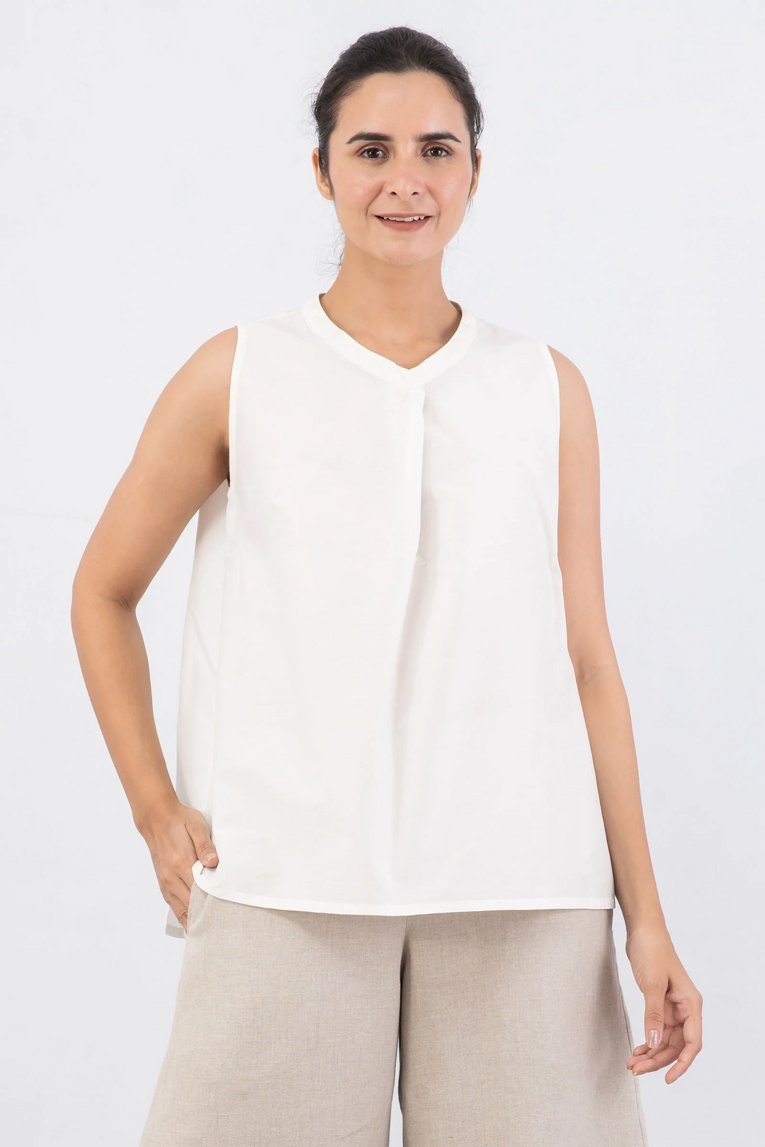 DYED COTTON SILK HEAVY VOILE WAVY BAND COLLAR SHELL TOP - dh1556-wht -