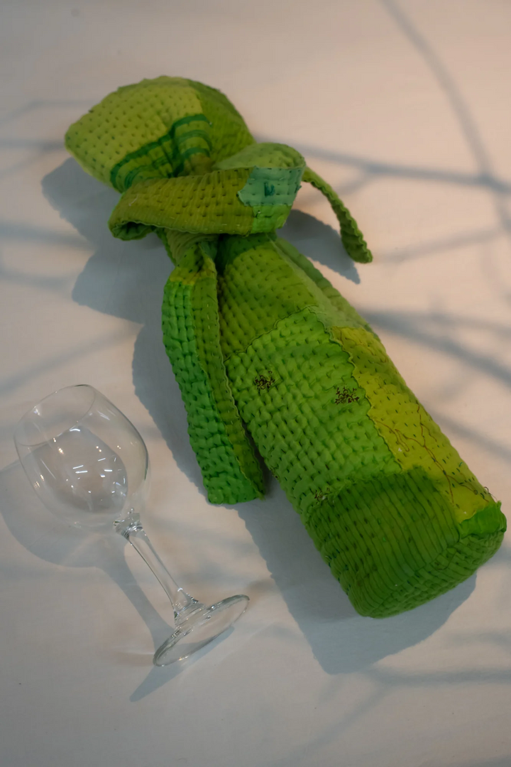 Mosaic Fray Handmade Vintage Kantha Wine Bag -Lime Green -