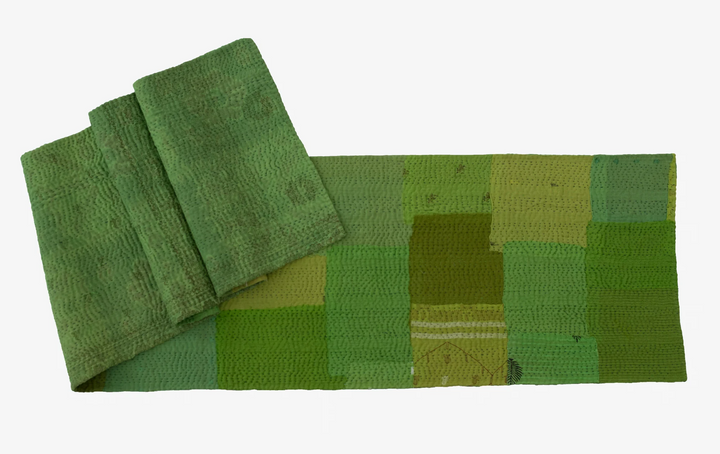 Mosaic Fray Handmade Vintage Kantha Table Runner -Lime Green -