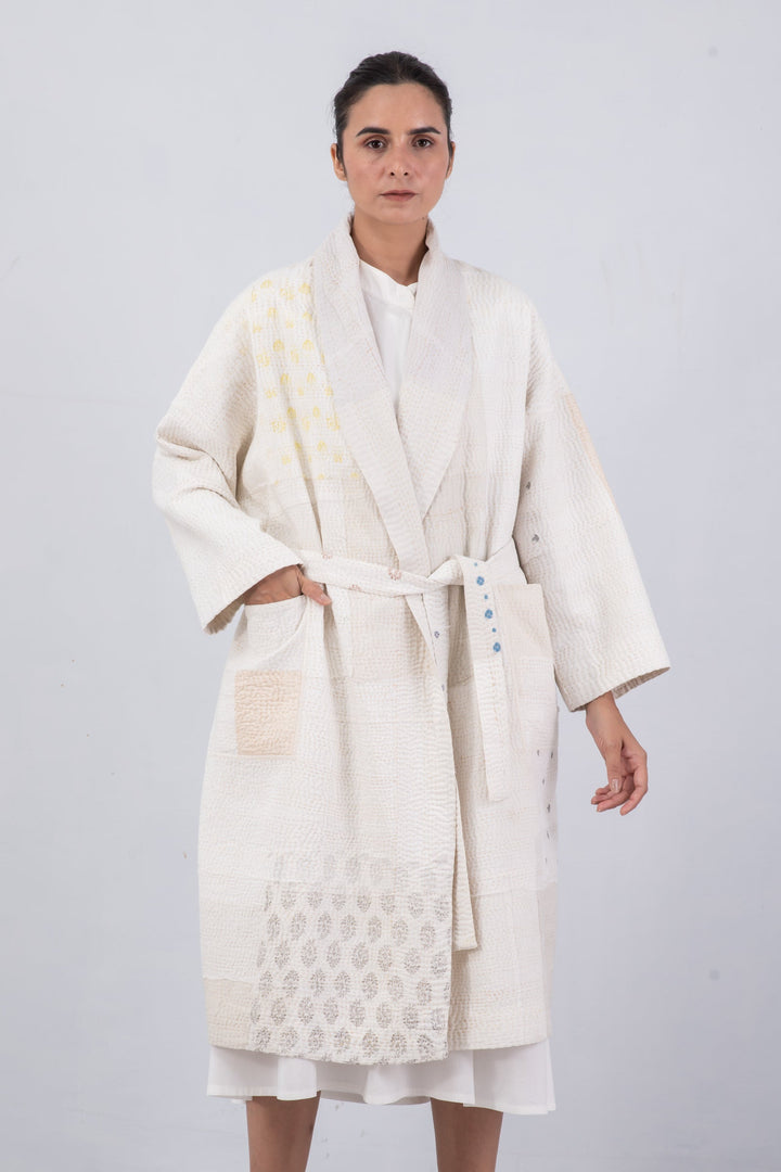 FRAYED PATCH KANTHA SIMPLE ROBE - fi4334-ivy -