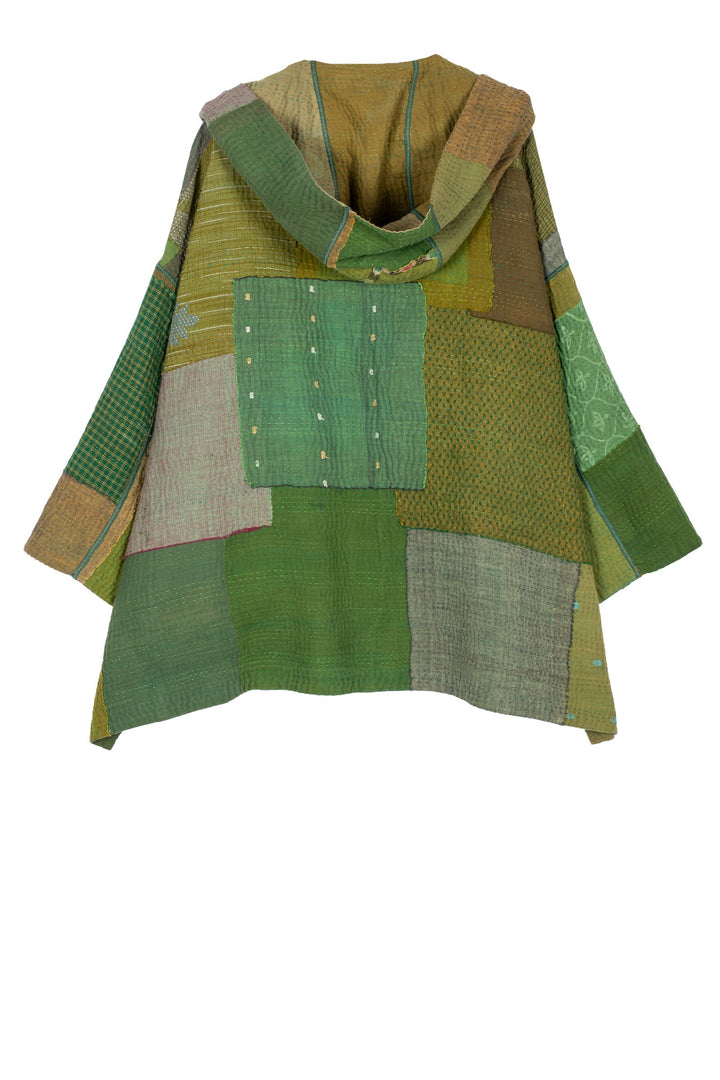 FRAYED PATCH MIX KANTHA HOODIE PONCHO - fm4064-grn -