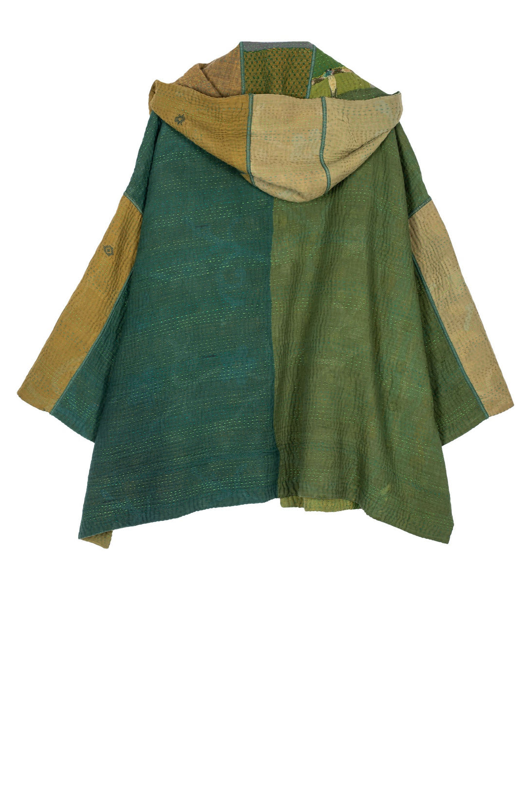 FRAYED PATCH MIX KANTHA HOODIE PONCHO - fm4064-grn -