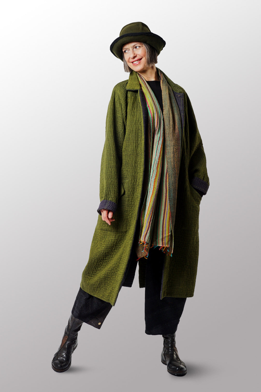 QUILTED VINTAGE COTTON WITH FLANNEL KANTHA RAGLAN SLEEVE COAT - fq5337-grn -