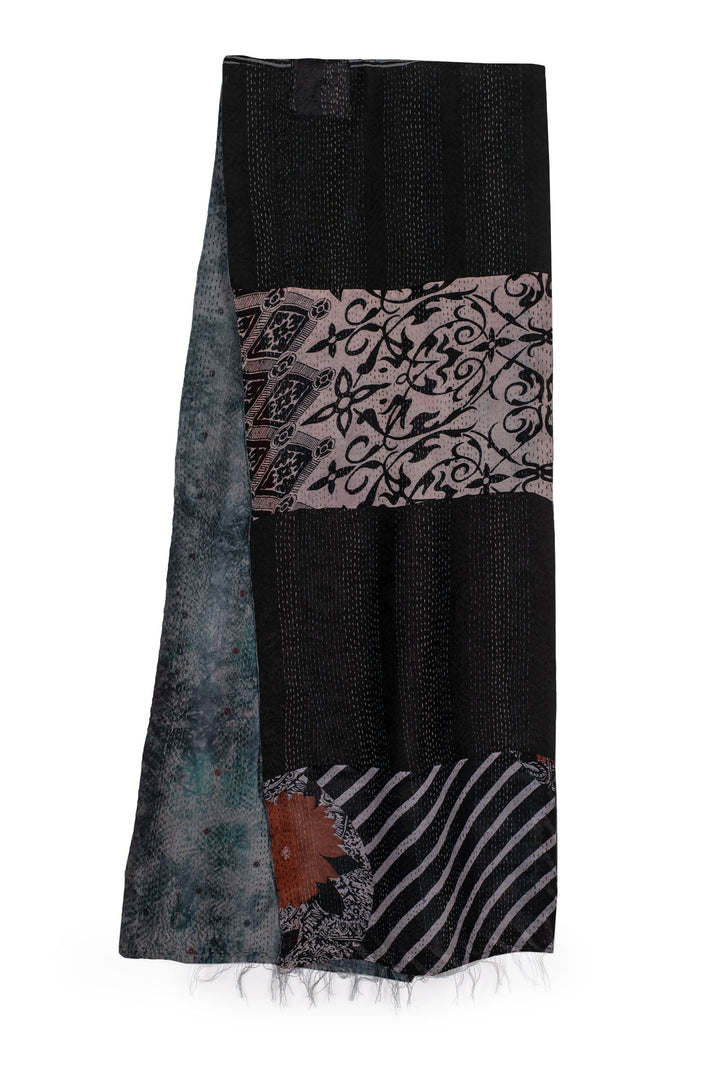 GEORGETTE JACQUARD VINTAGE SILK PATCH KANTHA SCARF SHORT - gj2805-blk -