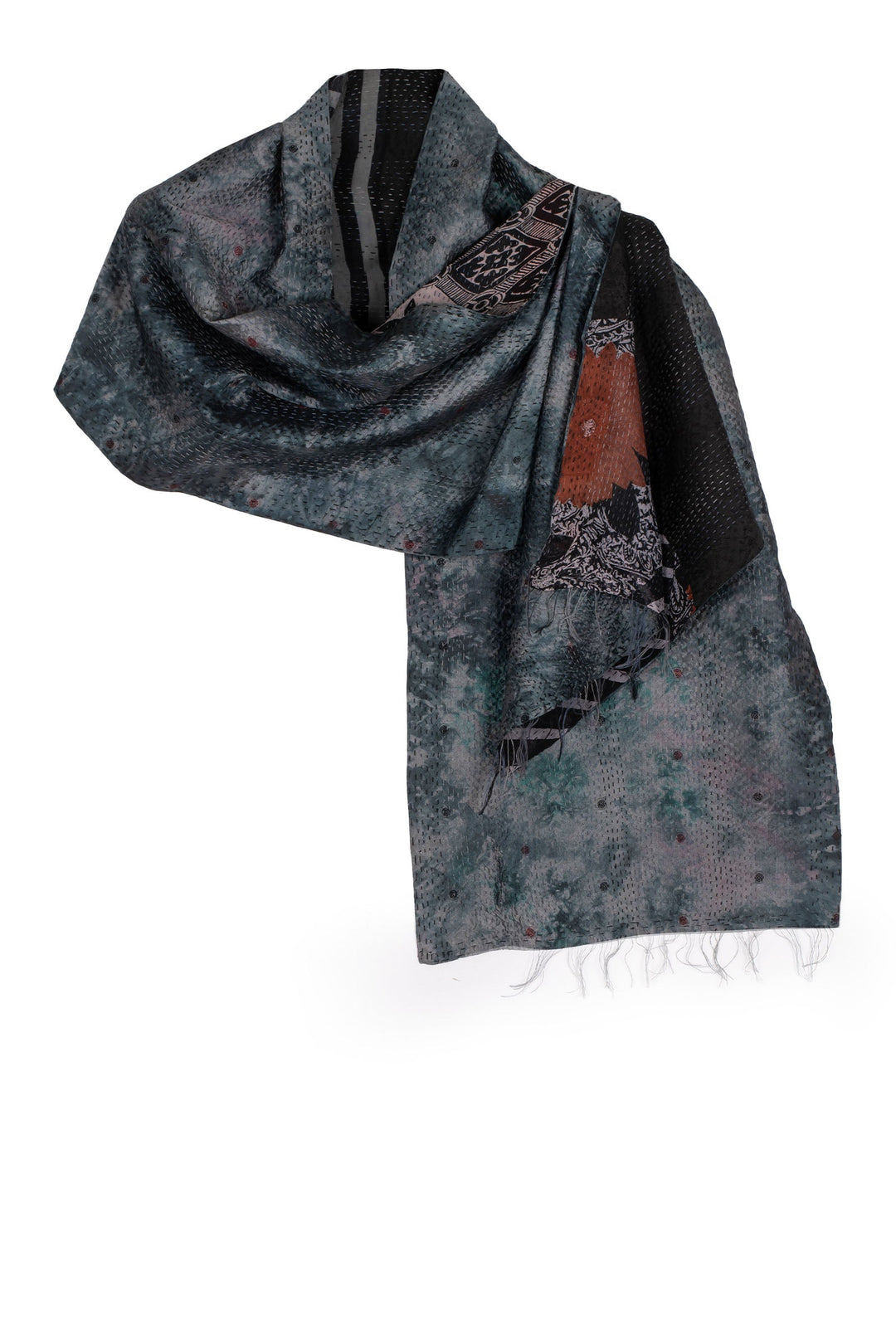 GEORGETTE JACQUARD VINTAGE SILK PATCH KANTHA SCARF SHORT - gj2805-blk -