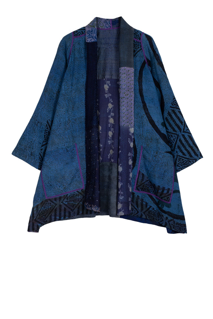 GEORGETTE VINTAGE SILK PATCH KANTHA A-LINE JKT - gs2003-nvy -