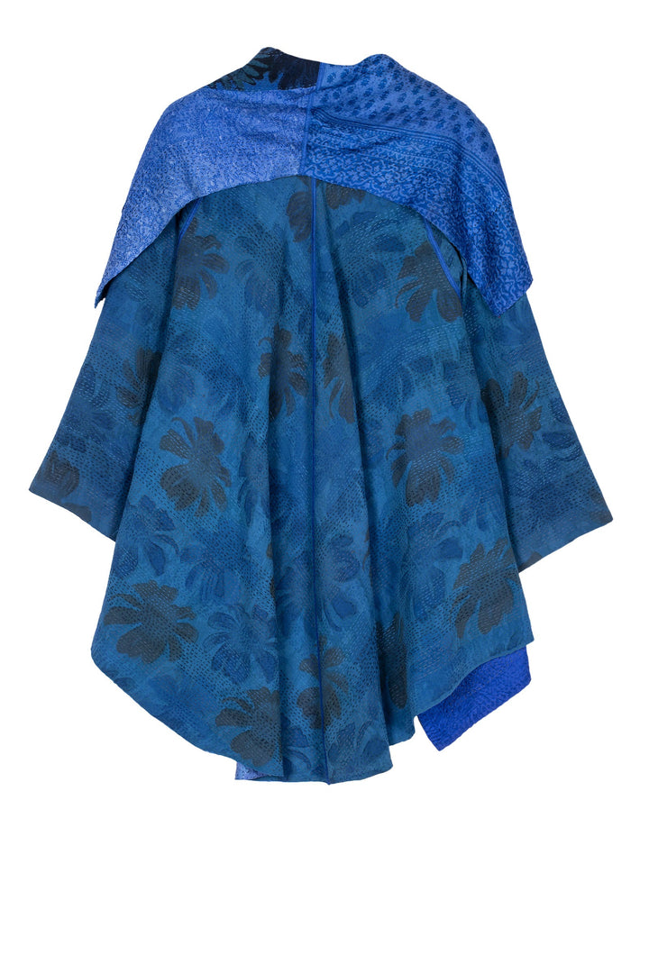 GEORGETTE VINTAGE SILK PATCH KANTHA CIRCULAR LONG JKT - gs2009-blu -