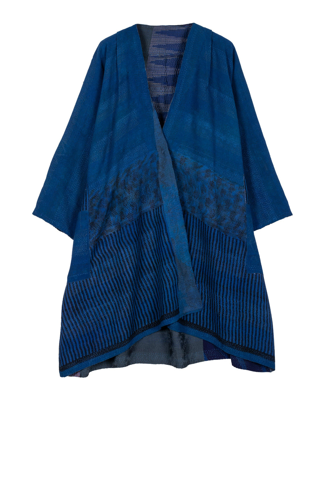 GEORGETTE VINTAGE SILK PATCH KANTHA KIMONO DUSTER - gs2317-nvy -