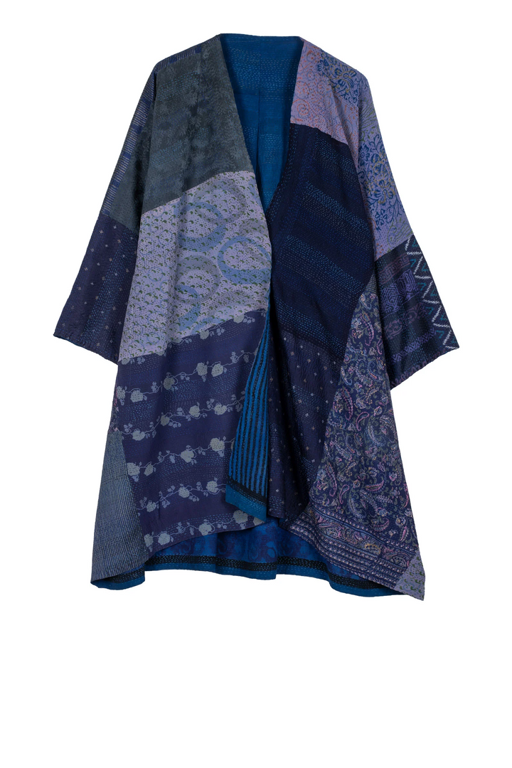GEORGETTE VINTAGE SILK PATCH KANTHA KIMONO DUSTER - gs2317-nvy -