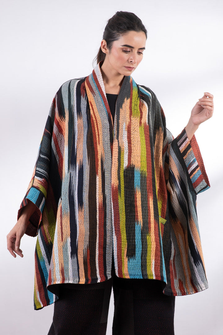 IKAT STRIPE KANTHA DOUBLE COLLAR PONCHO - is4323-red -