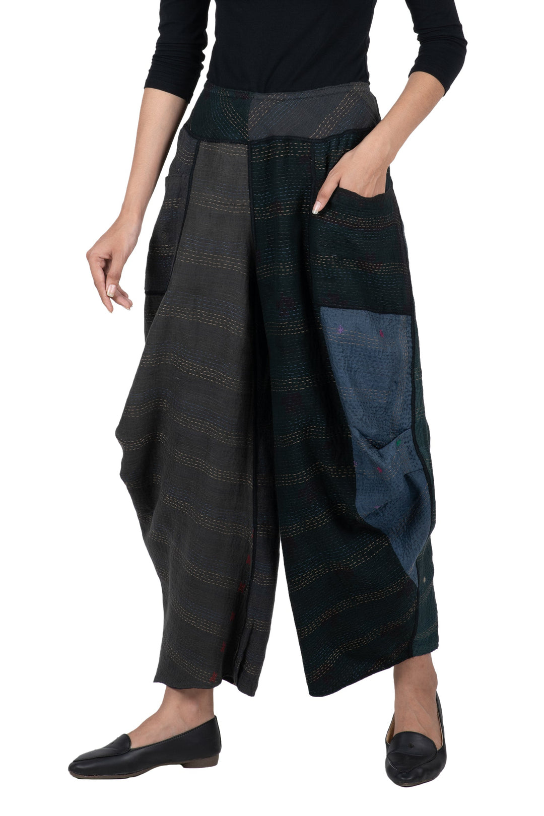 JAIPUR PATCH KANTHA KNEE TUCKED PANTS - jp2625-blk -