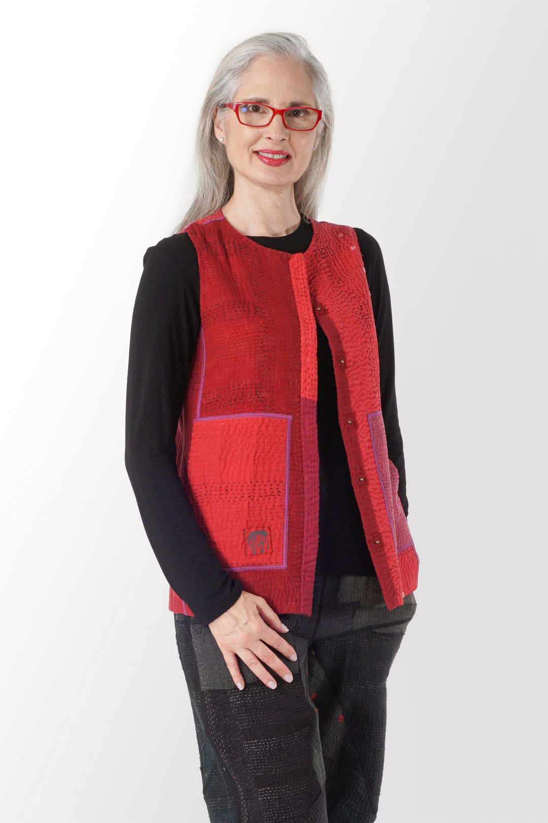 JAIPUR PATCH KANTHA NEW CREW NECK MEDIUM VEST - jp4243-red -