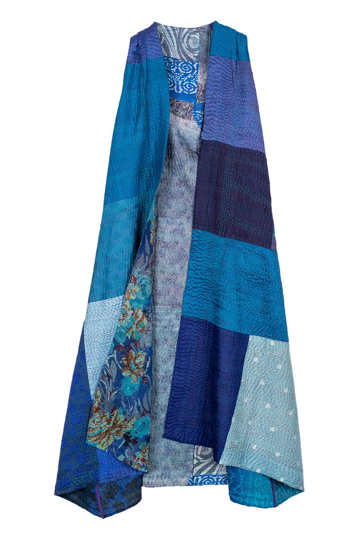 JACQUARD SILK KANTHA BACK PLEATED VEST MAXI - js4222-blu -