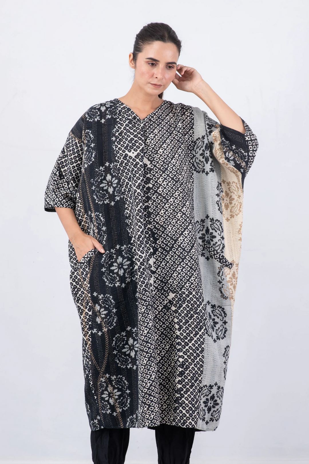 KIMONO COTTON KANTHA DOLMAN MAXI - kc2440-blk -