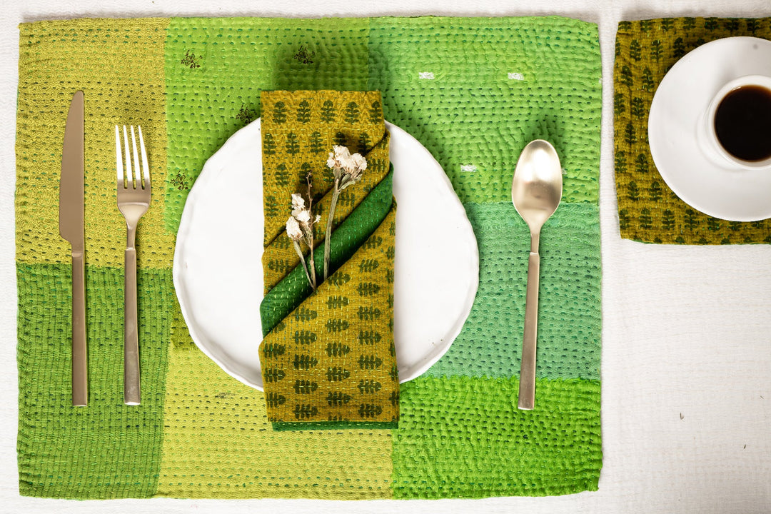 Mosaic Fray Handmade Vintage Kantha Placemat -Lime Green -