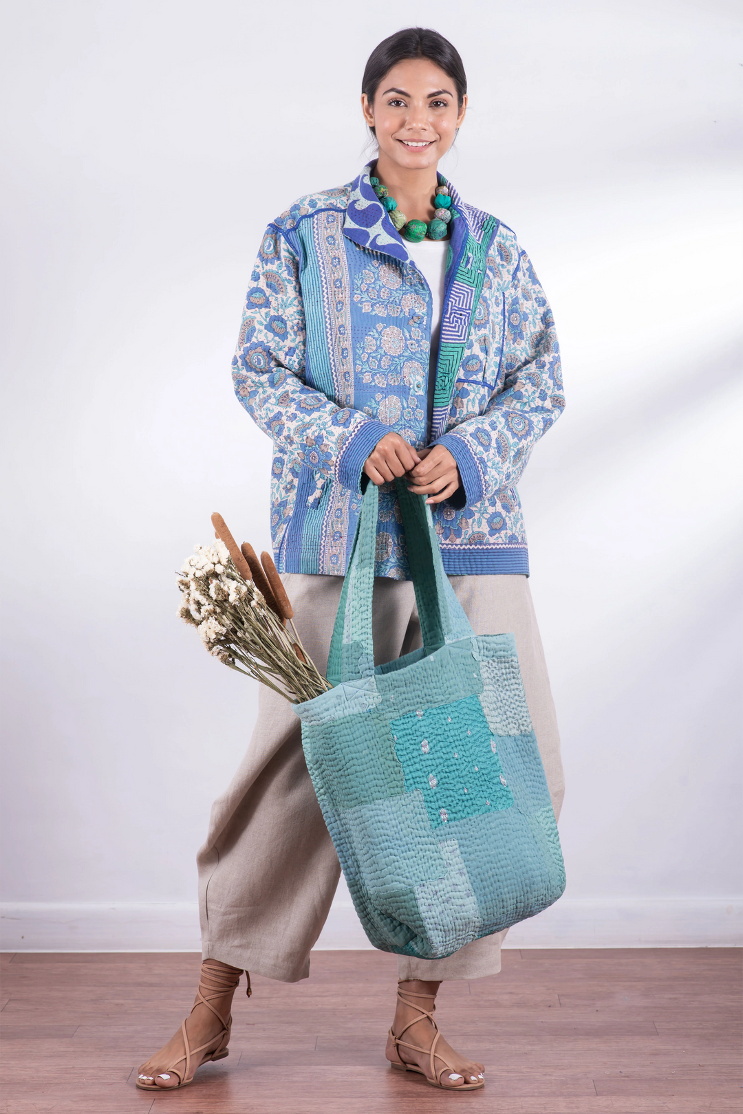 Mosaic Fray Handmade Vintage Kantha Tote Bag -Cornflower -