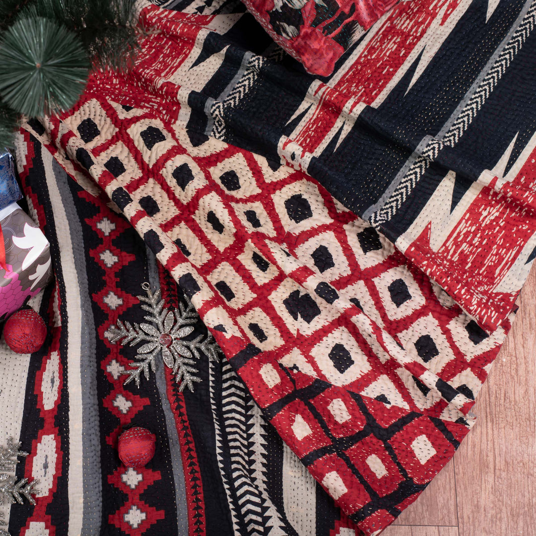 Monotone Ikat Handmade Vintage Kantha Christmas Tree Skirt -Monotone Red -