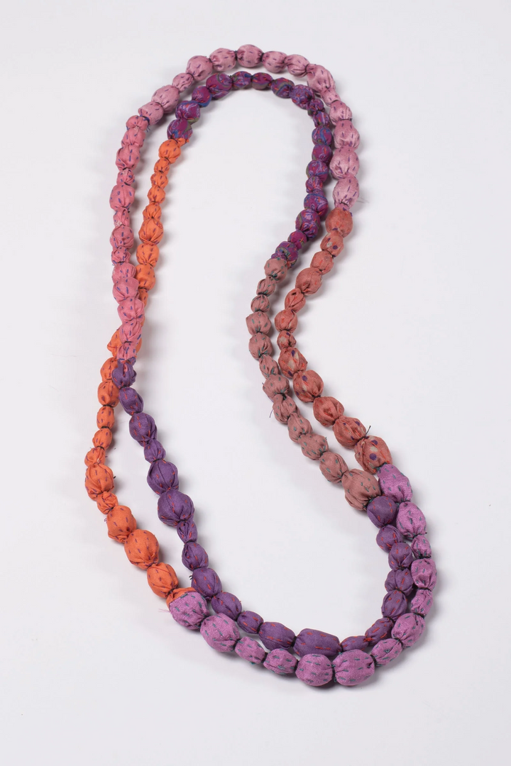 VINTAGE SILK KANTHA TIE-BEADS LONG NECKLACE - sv2707-pik -