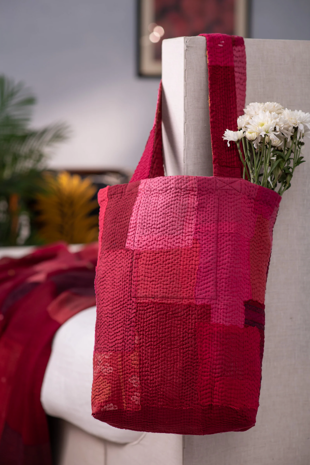 Landscape Handmade Vintage Kantha Tote Bag -Red -