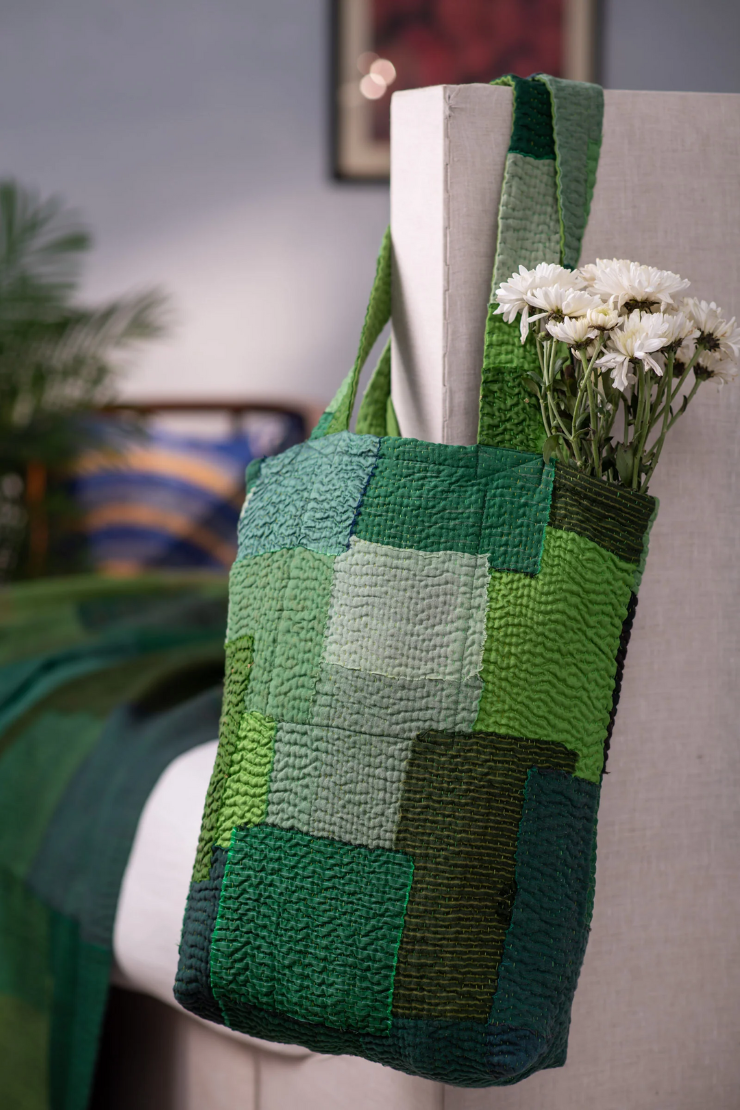 Landscape Handmade Vintage Kantha Tote Bag -Green -