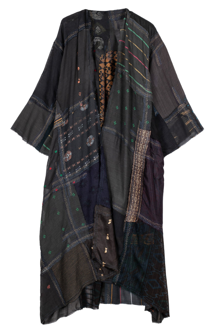 MOSAIC TILE PATCH KANTHA KIMONO MAXI - mt1318-blk -