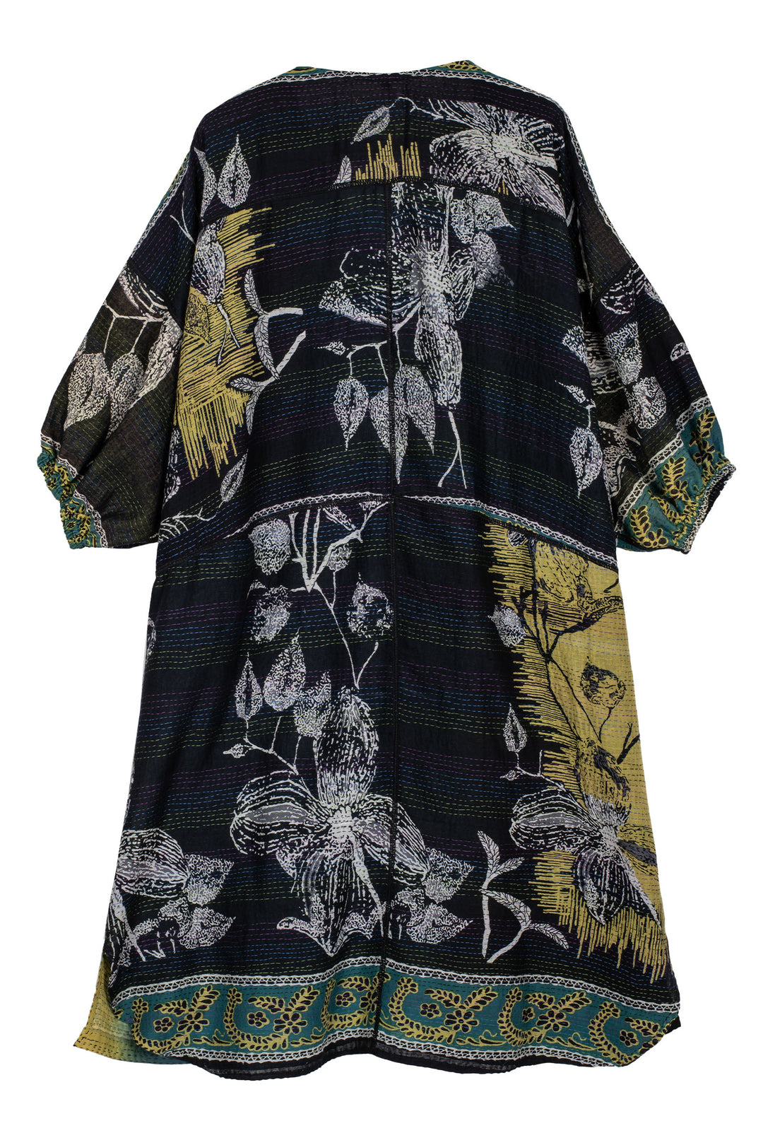 ORGANIC LEAVES KANTHA BLOCK DRESS - ol2449-blk -