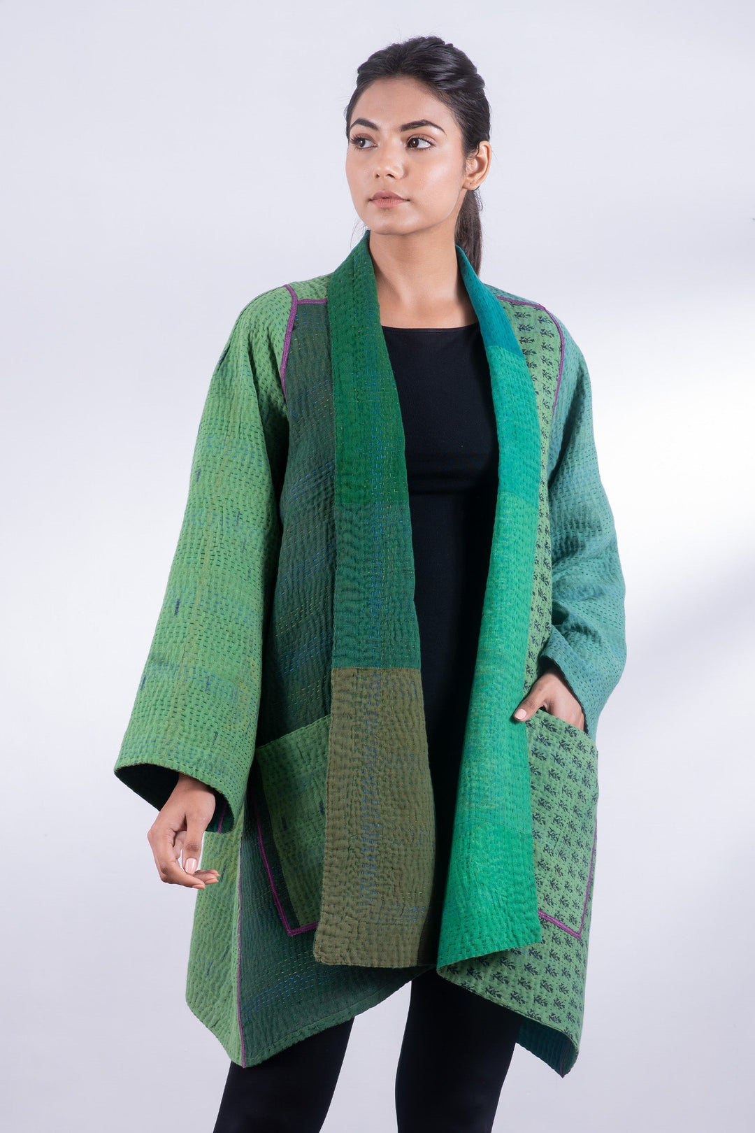 OMBRE PATCHED KANTHA A-LINE JKT - op4003-grn -