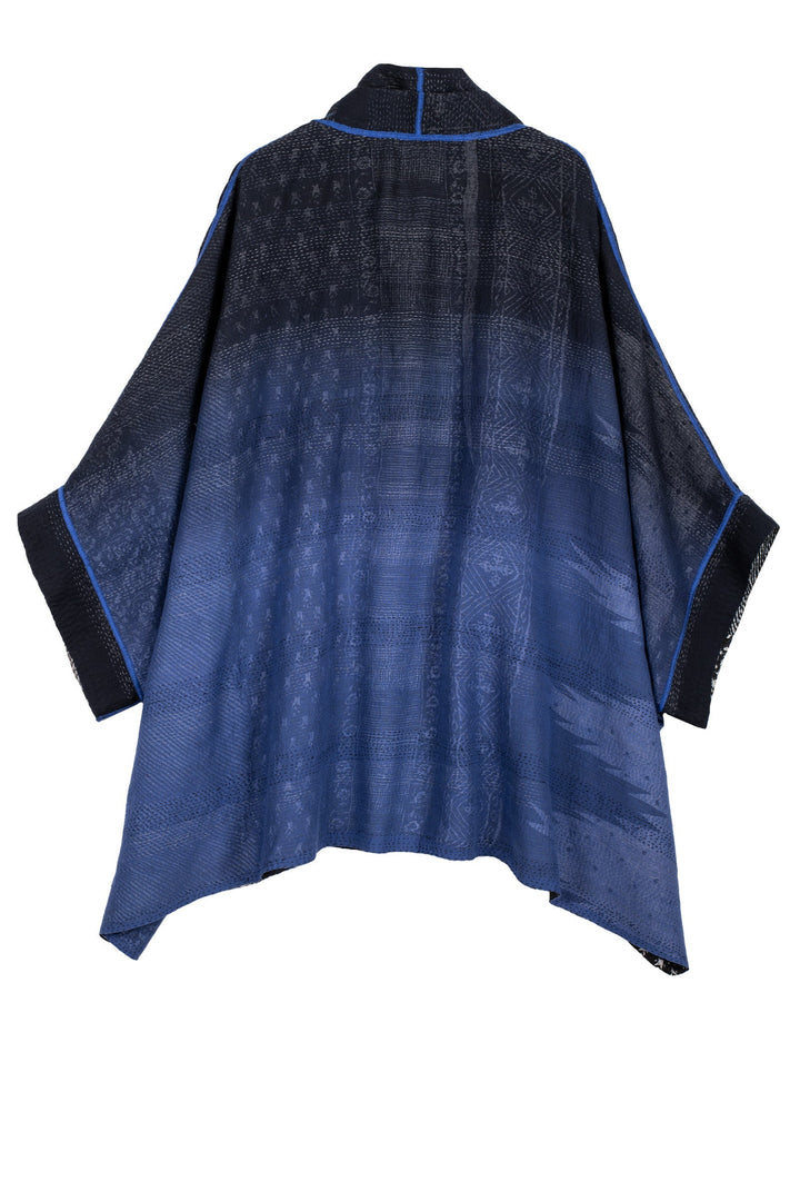 SILK COTTON OMBRE PRINT KANTHA DOUBLE COLLAR PONCHO - os2323-blk -