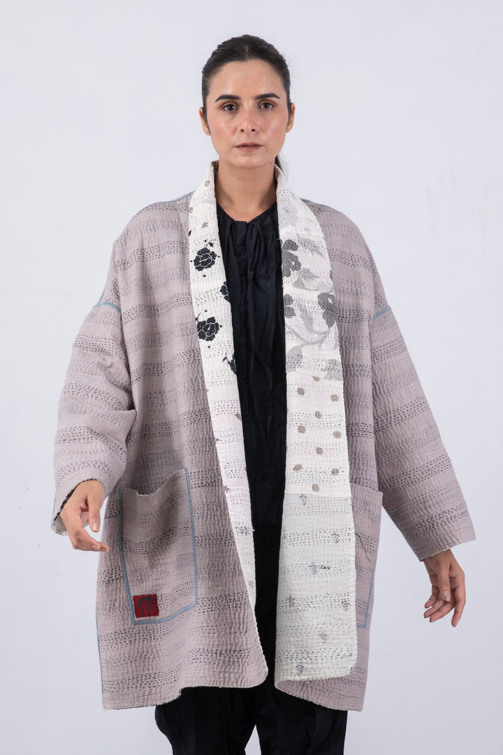 POWDER PATCH KANTHA HAORI JACKET - pd4068-gry -