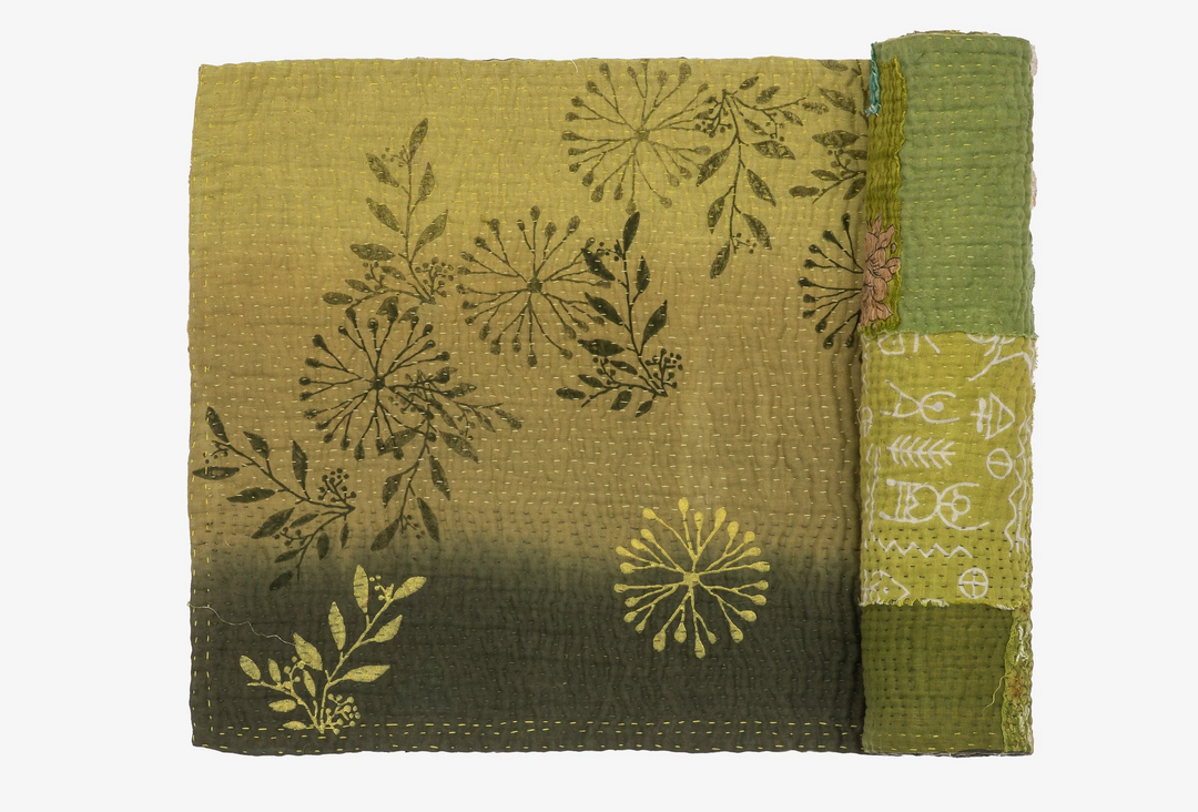 Vintage Fray Patch & Ombre Kantha Table Runner -Avocado -