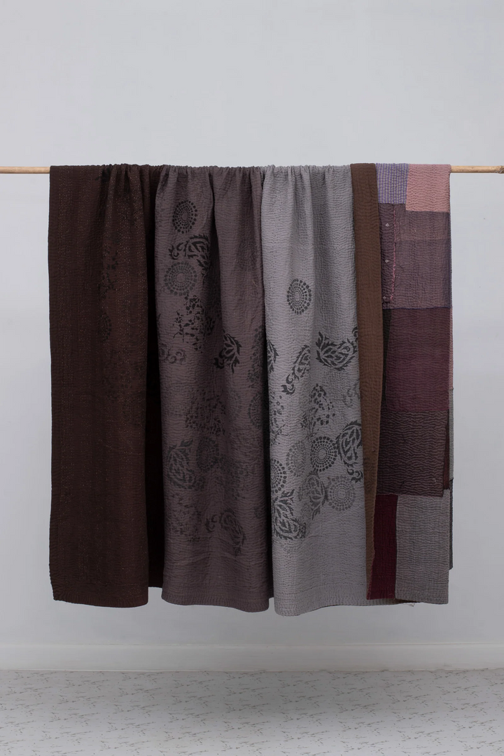 Vintage Fray Patch & Ombre Kantha Throw -Chocolate -