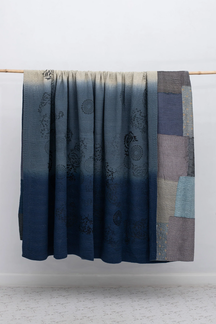 Vintage Fray Patch & Ombre Kantha Throw -Navy -