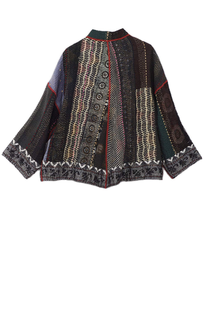 STRIPE RALLIS KANTHA STAND COLLAR CROPPED JKT - pr4034-blk -