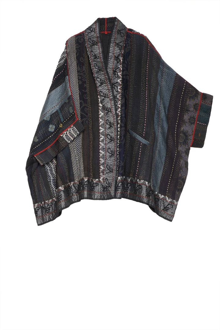 STRIPE RALLIS KANTHA DOUBLE COLLAR PONCHO - pr4323-blk -