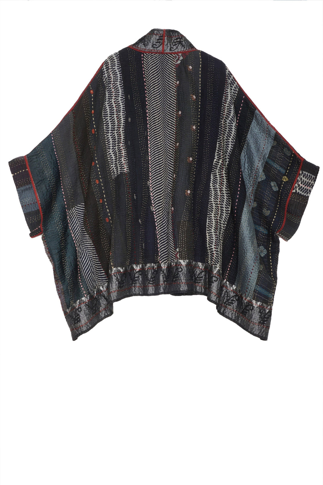 STRIPE RALLIS KANTHA DOUBLE COLLAR PONCHO - pr4323-blk -