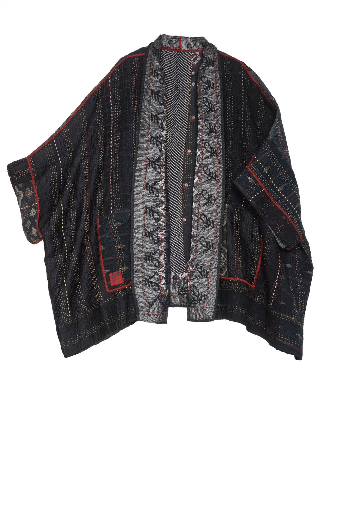 STRIPE RALLIS KANTHA DOUBLE COLLAR PONCHO - pr4323-blk -