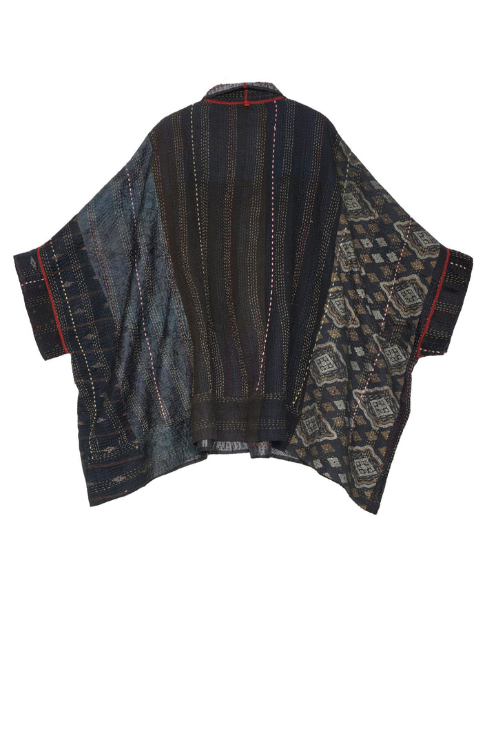 STRIPE RALLIS KANTHA DOUBLE COLLAR PONCHO - pr4323-blk -