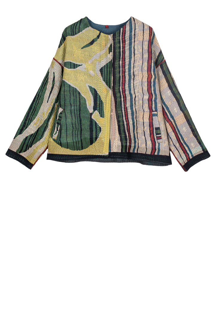 STRIPE AND BENDS KANTHA CREW NECK SHORT JACKET - sb4053-grn -