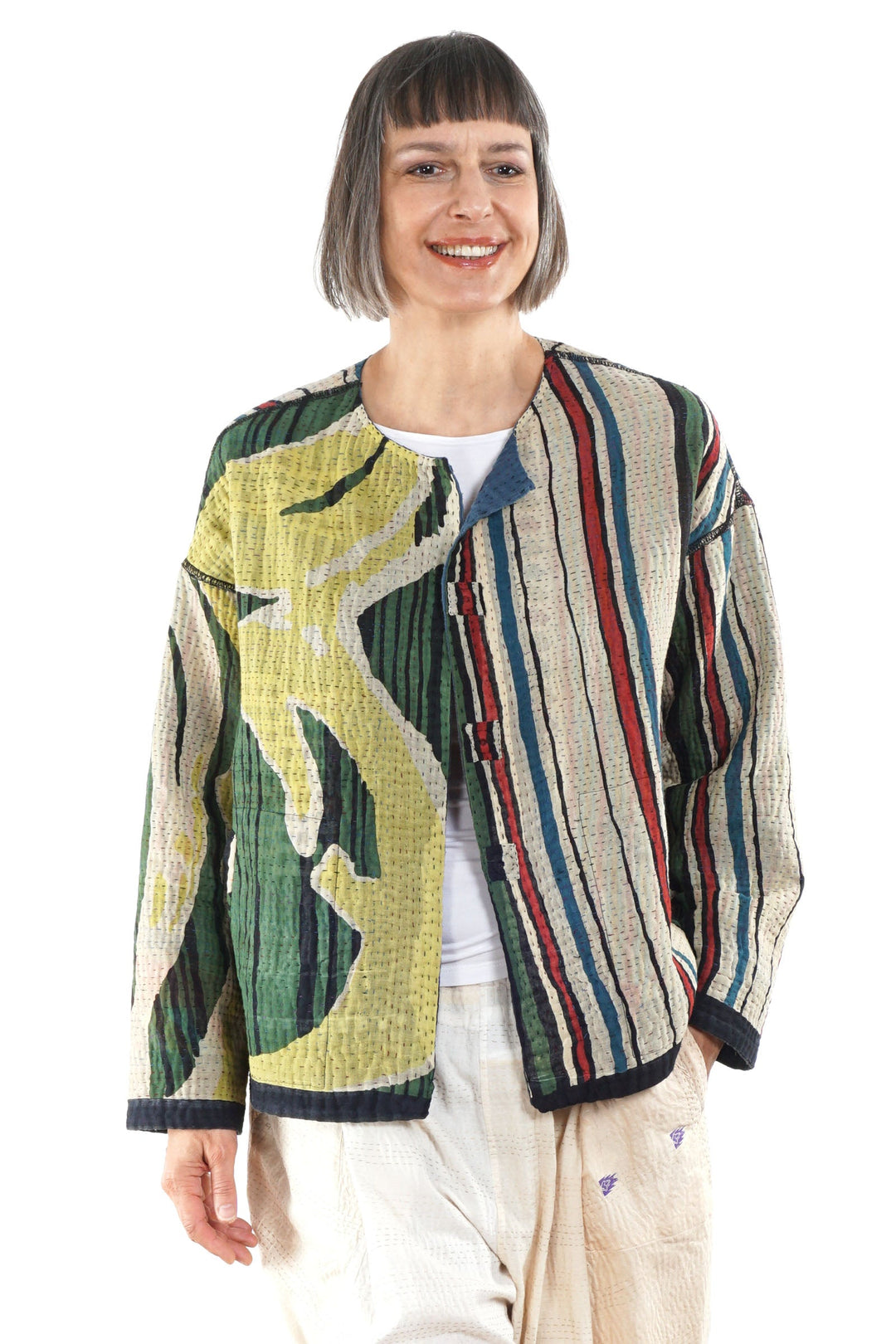 STRIPE AND BENDS KANTHA CREW NECK SHORT JACKET - sb4053-grn -