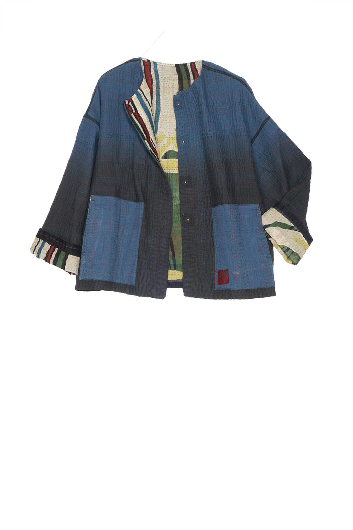 STRIPE AND BENDS KANTHA CREW NECK SHORT JACKET - sb4053-grn -