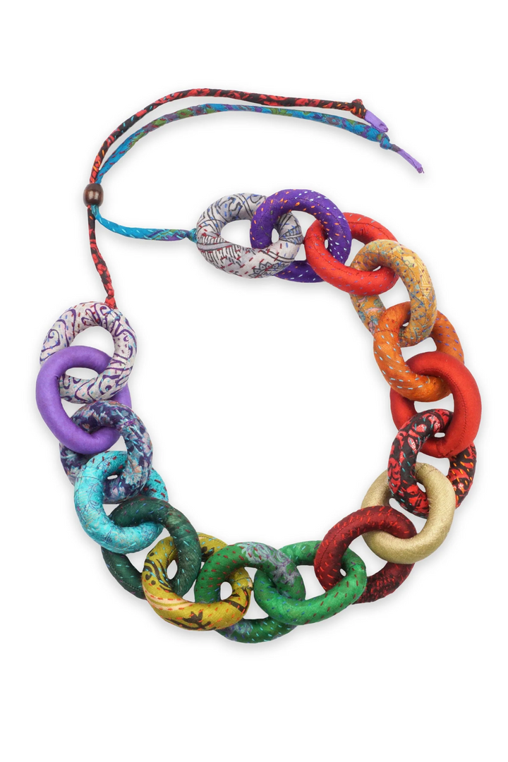 SILK RAINBOW KANTHA CHAIN NECKLACE - sr2724-mlt -