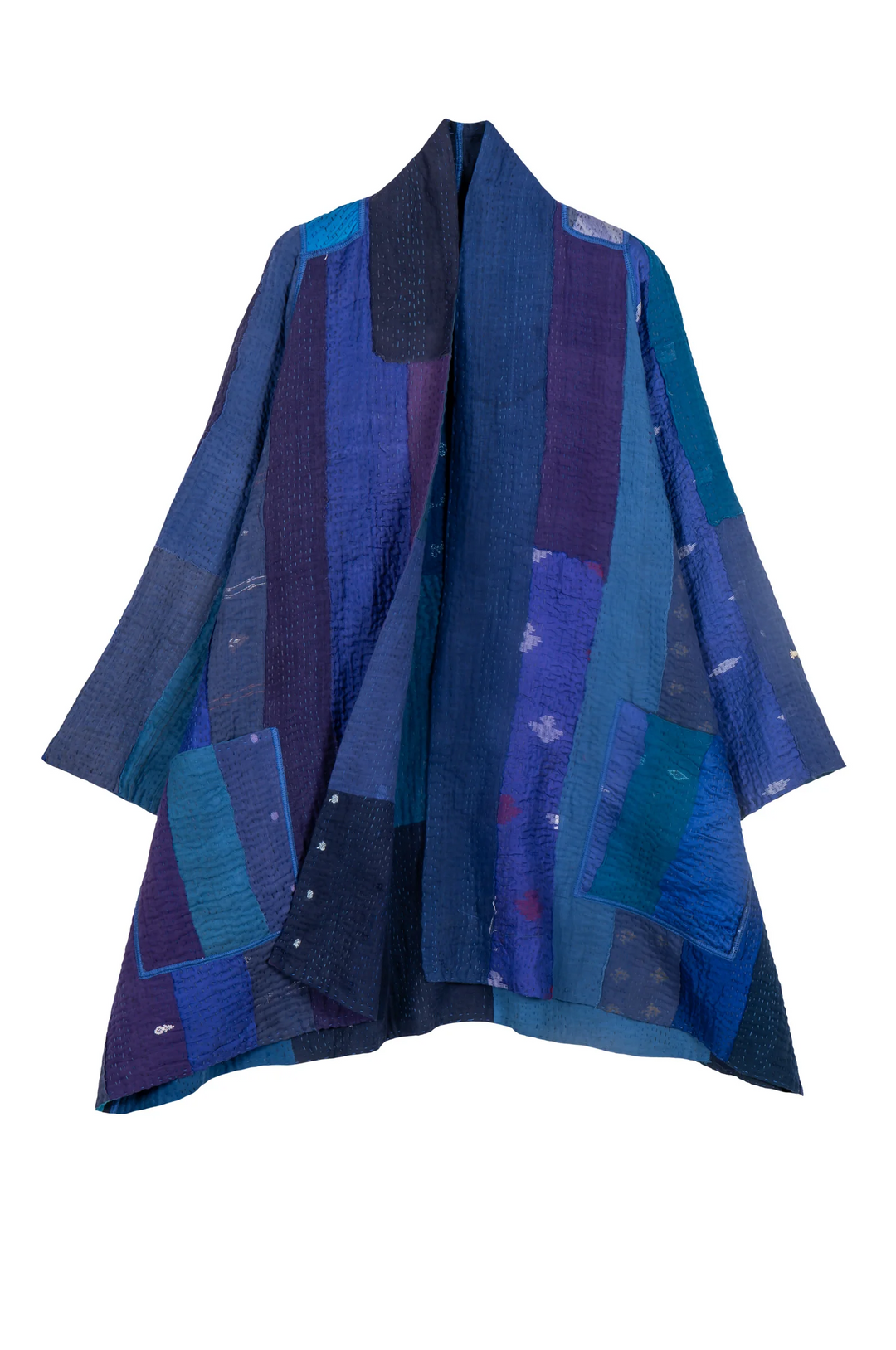 STRIPE AND CHECK COTTON SILK PATCH KANTHA A-LINE JACKET - ss4003-blu -