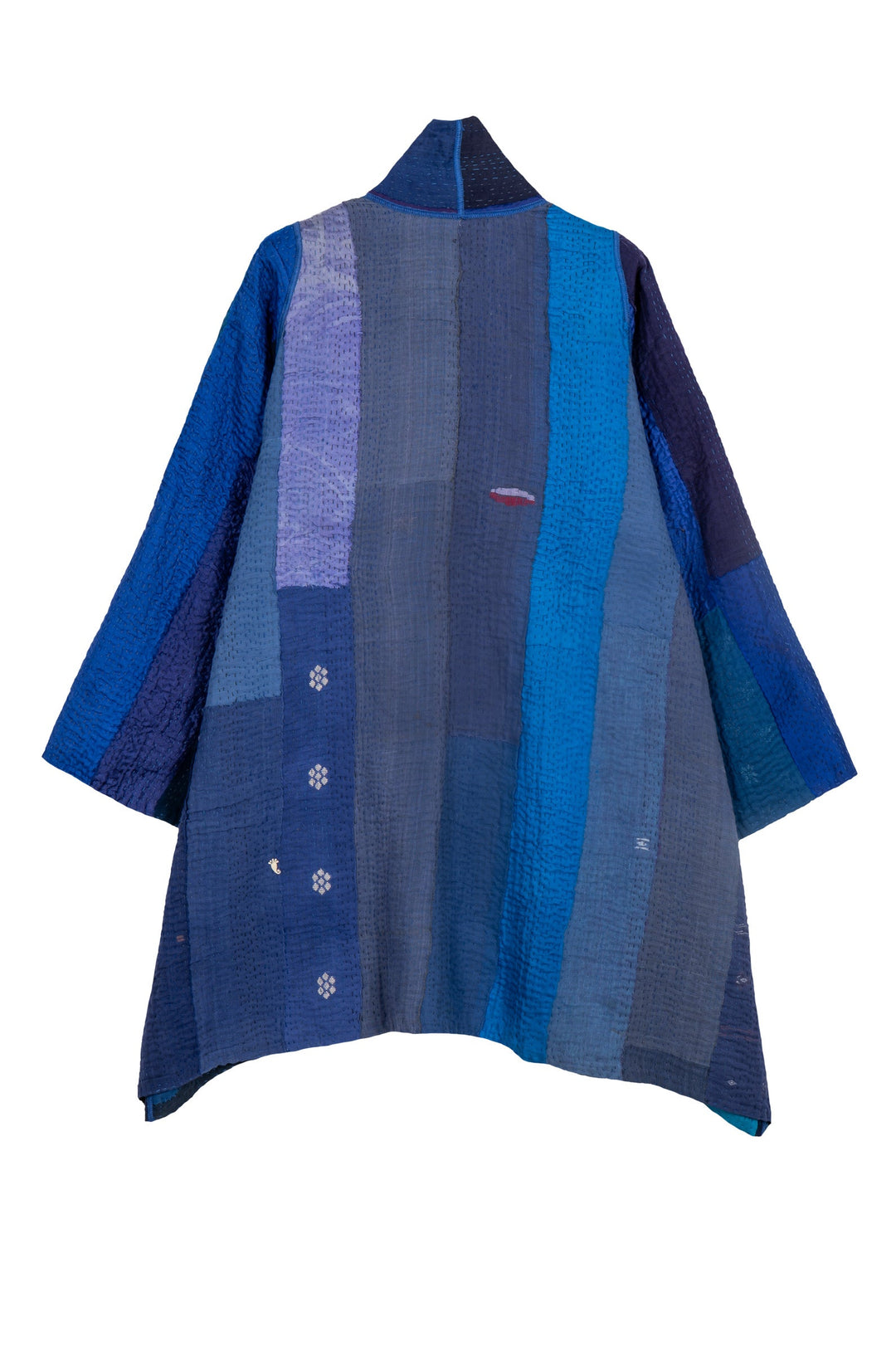 STRIPE AND CHECK COTTON SILK PATCH KANTHA A-LINE JACKET - ss4003-blu -