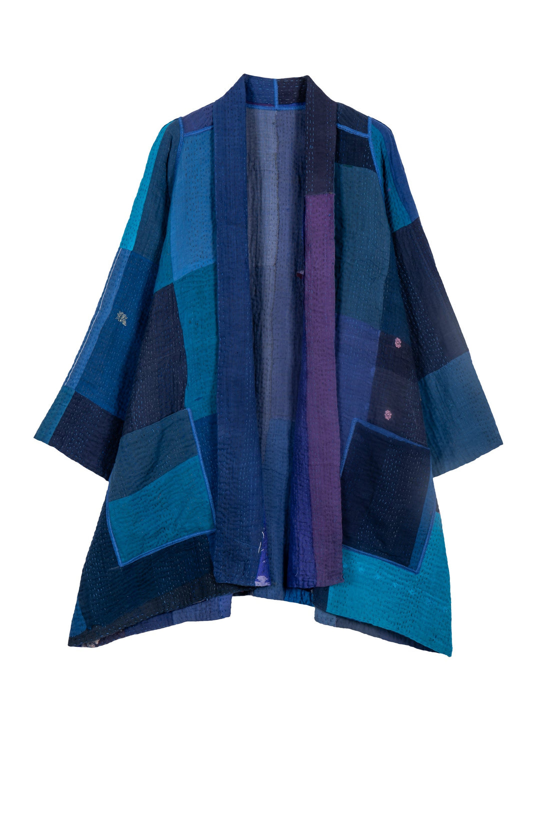 STRIPE AND CHECK COTTON SILK PATCH KANTHA A-LINE JACKET - ss4003-blu -