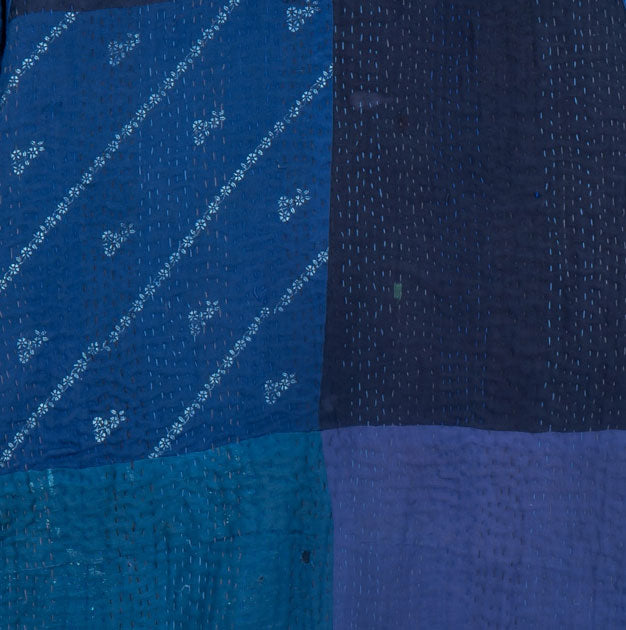 STRIPE AND CHECK COTTON SILK PATCH KANTHA A-LINE JACKET - ss4003-blu -