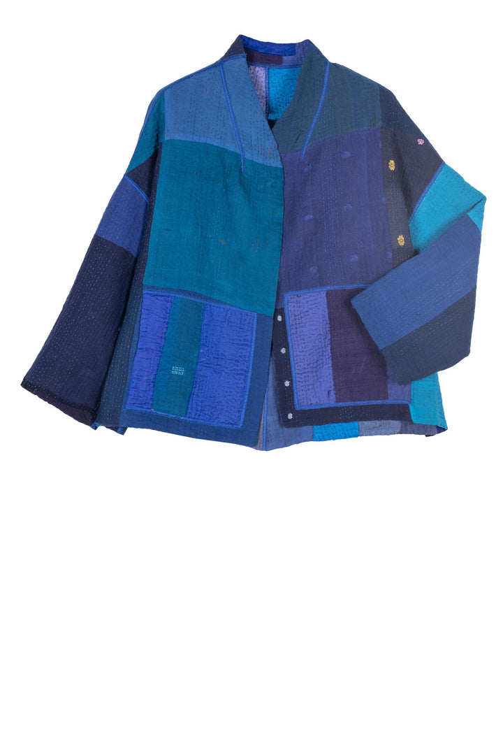 STRIPE AND CHECK COTTON SILK PATCH KANTHA  STAND COLLAR CROPPED JACKET - ss4034-blu -